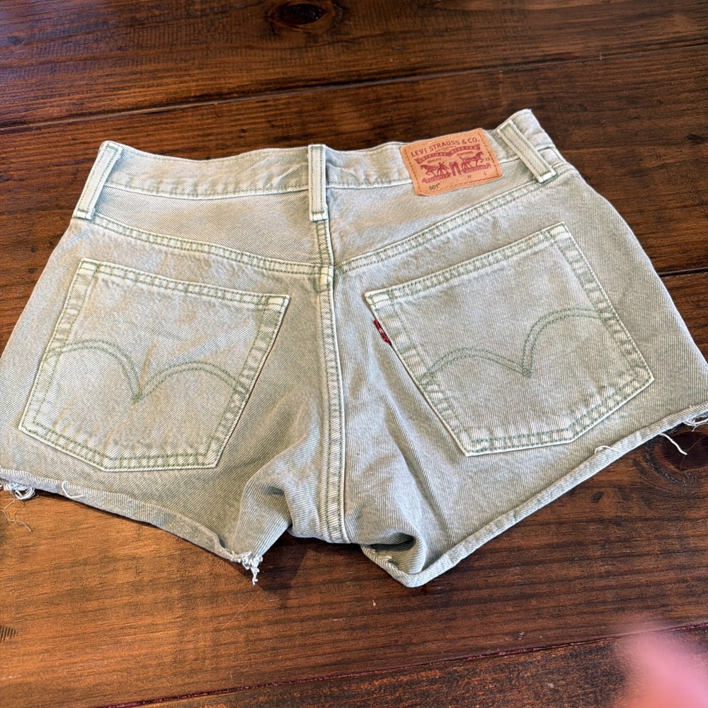 Levi's 501 Womens W25 Light Green Denim Cutoff Shorts Button Fly Raw Hem